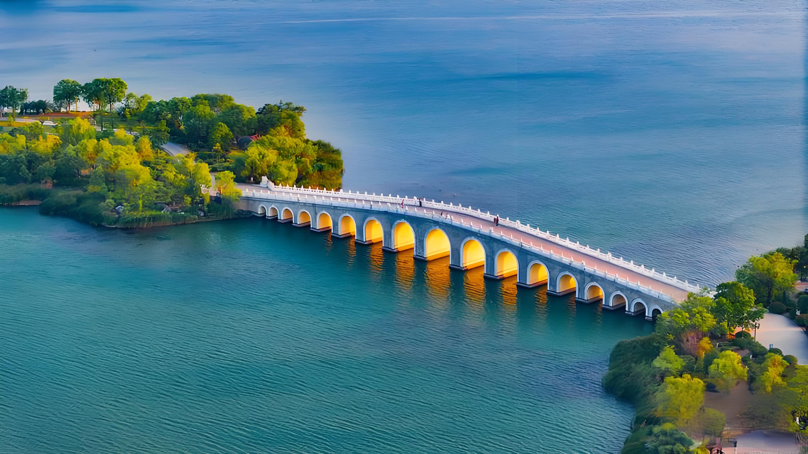 中國安徽淮北：夏日南湖水清岸綠 再現“金光穿洞”景觀
